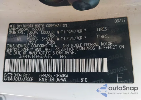 2017 Toyota 4Runner Sr5 Premium z USA, uszkodzony, nr VIN JTEBU5JR0H5436039